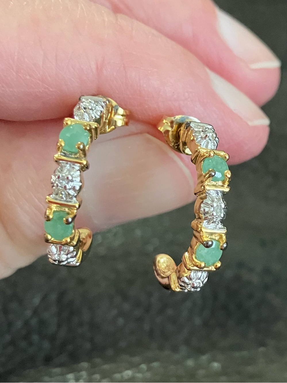 Gold over sterling diamond and emerald earrings.